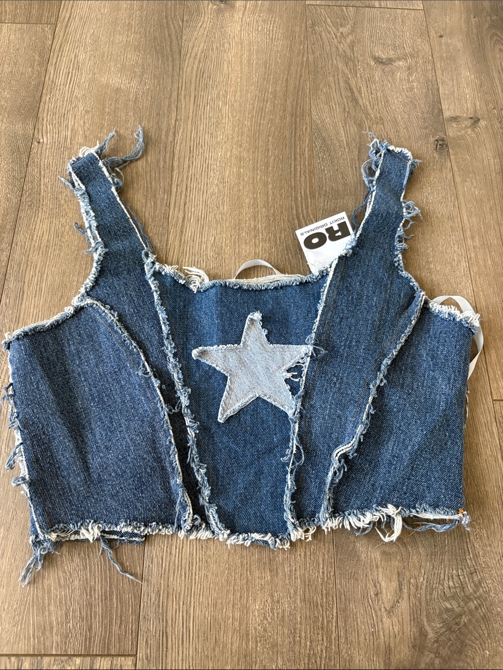 Fashion Nova Distressed Dark Blue Denim Star Crop Tank
